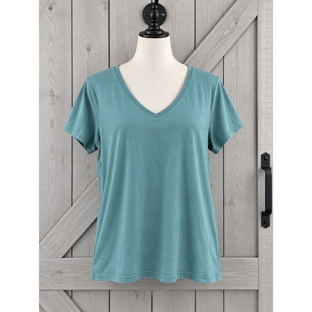Pact V-Neck Tee Large Teal Blue Organic Cotton Short Sleeve Basic Essential